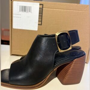 Vince Camuto Black Leather Peep-Toe Block Heels